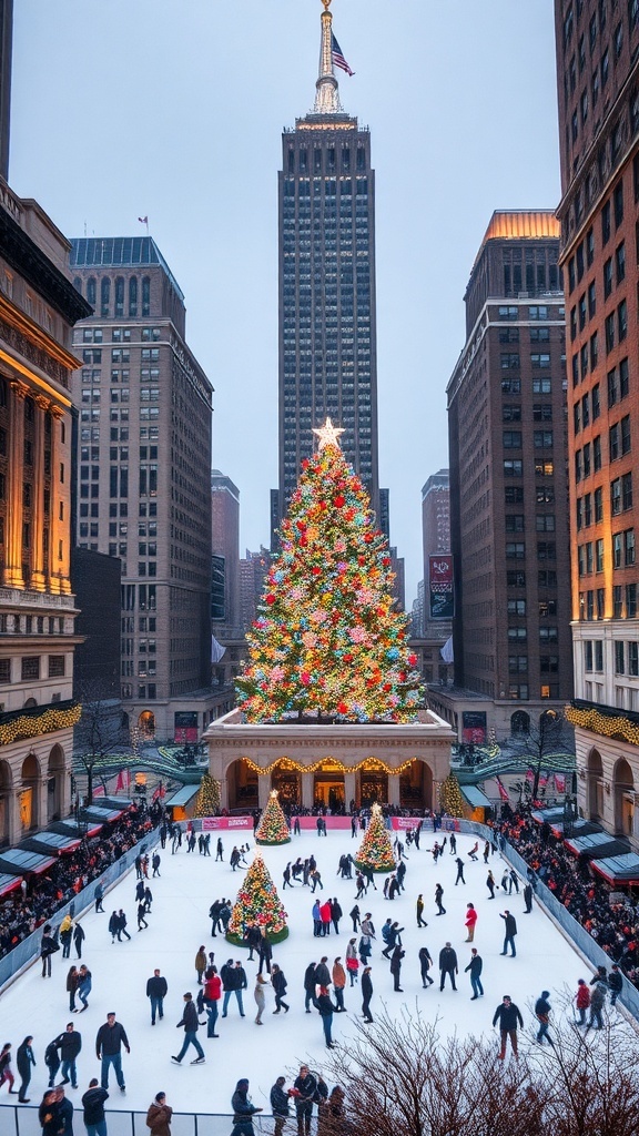 New York City Christmas scene with Rockefeller Center tree, ice skaters, and snow.